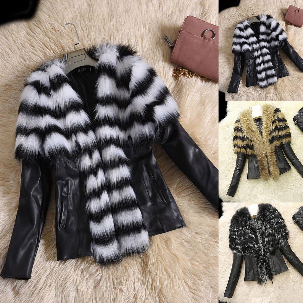 Womens Fashion Warm Plush Pocket Long Sleeve Imitation Leather Collar Coat