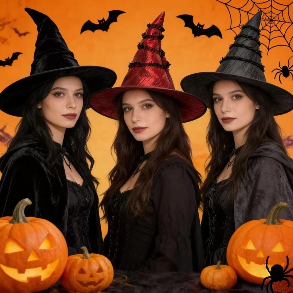 Wrinkled Halloween Hat Gothic Large Brim Lolita Witch Hat Removable Tall Pointed Cone Top Ruched Masquerade Cap School Event