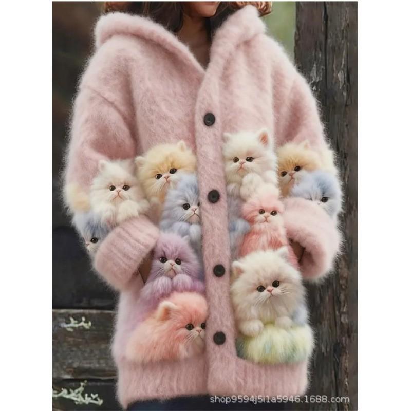 Womens 3D Cat Print Hooded Cardigan Sweater Coat Long Sleeve Thick Casual Outerwear