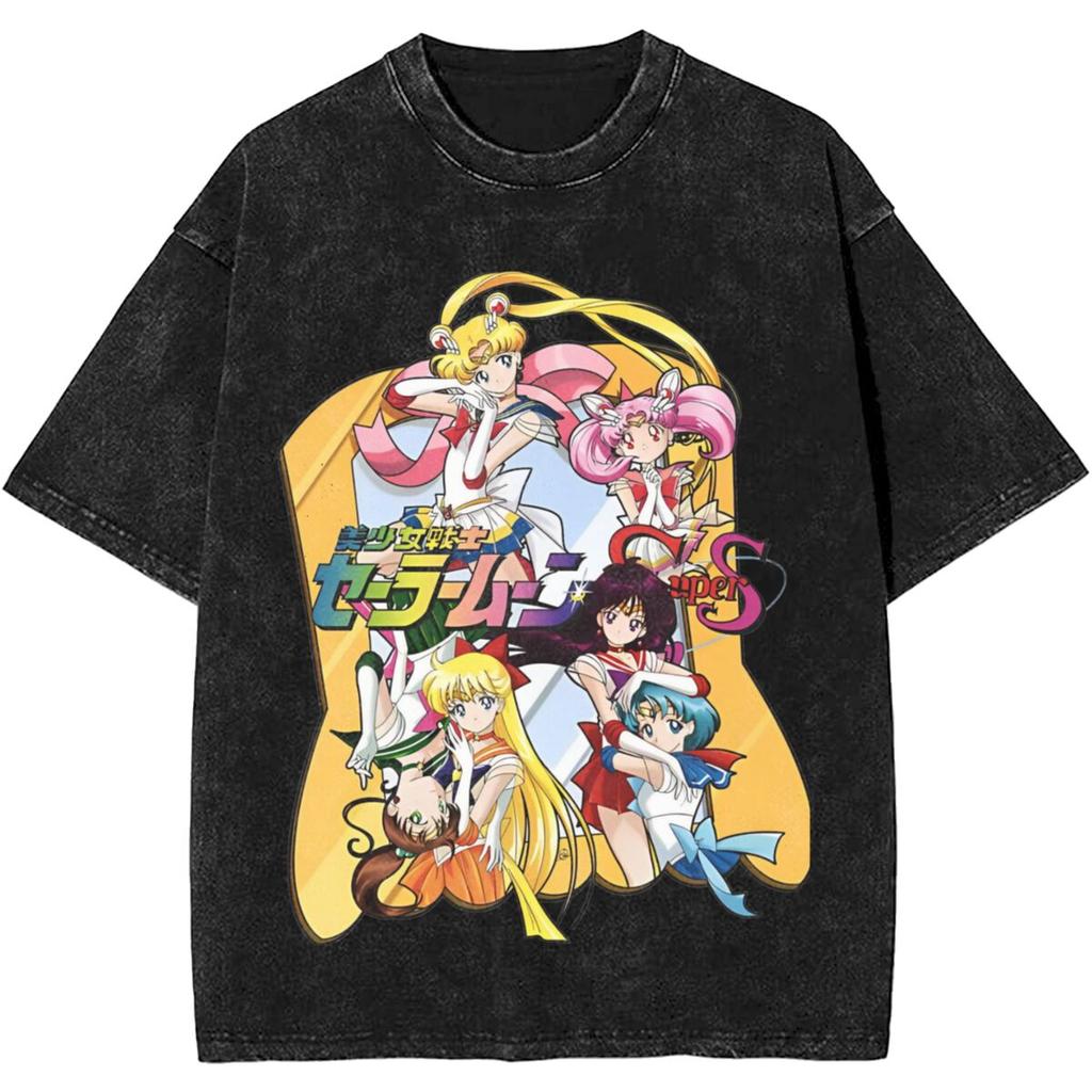 Sailor Moons Vintage Vasket T-skjorte Menn Kvinner 100% Bomull Casual T-skjorte O-hals Anime Tees Kortermet Klær Pluss Størrelse