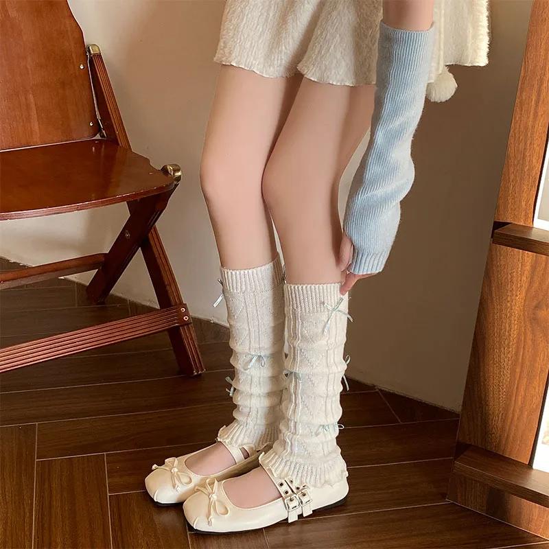 Leg Warmers Knitted Women Foot Cover Lolita Kawaii Knee Socks Ballet Style Cute Bow Sweet Girls Leg Warmers Long Socks Stockings