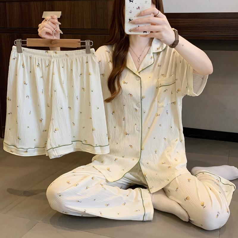 Gentle Tulip Full Print Pajamas Women'S Summer Monsoon Short Sleeves Sweet Wind Loungewear Three-Piece Set