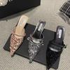 Fashion Sequins Black Slides with Heel Shoes Pointed Toe Women's Mules Slippers and Ladies Sandals Unique Korea Style Easy Wears Shoe 39