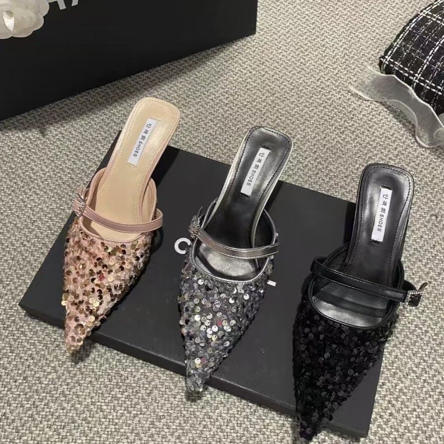 Fashion Sequins Black Slides with Heel Shoes Pointed Toe Women's Mules Slippers and Ladies Sandals Unique Korea Style Easy Wears Shoe 39