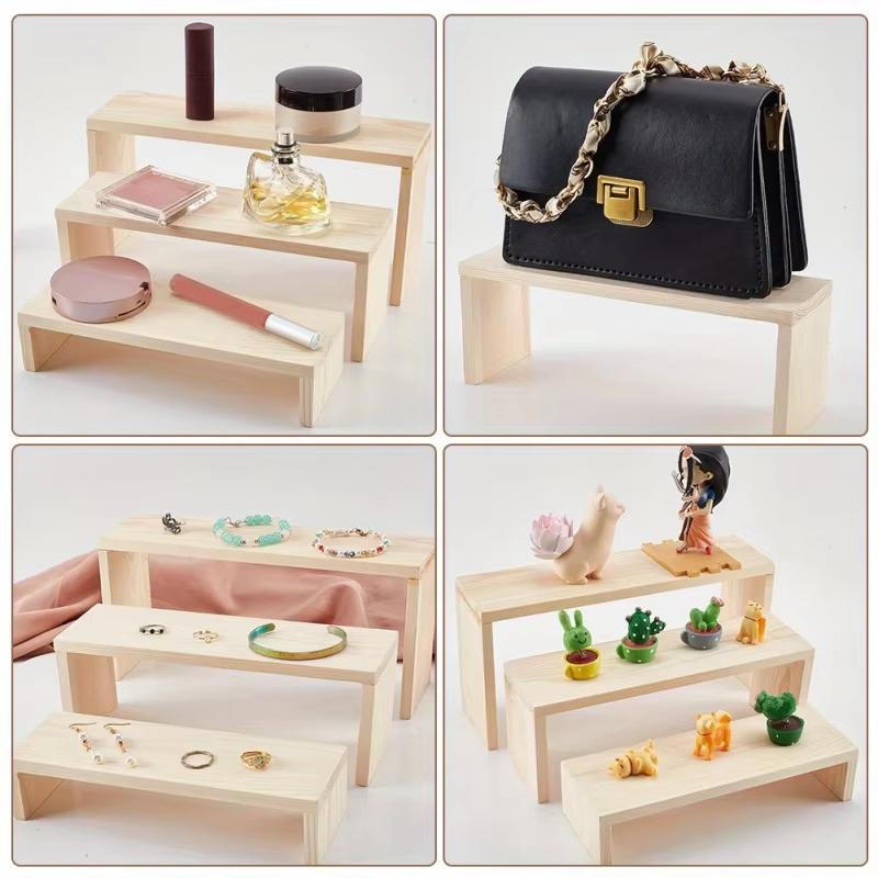 Rectangle Wood Jewelry Display Risers, Wood Shelf Showcase Fixtures Detachable Display Stand For Crafts
