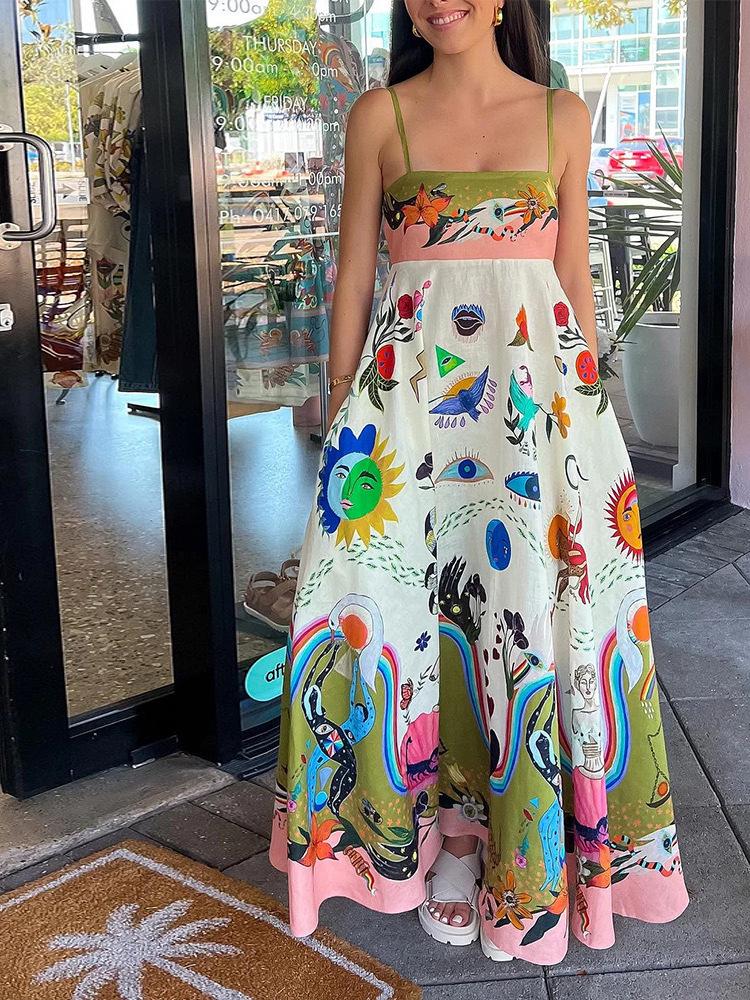 2026 Modern Style Women's Sleeveless High-Waisted Printed Camisole Dress - Casual and Commute Wear