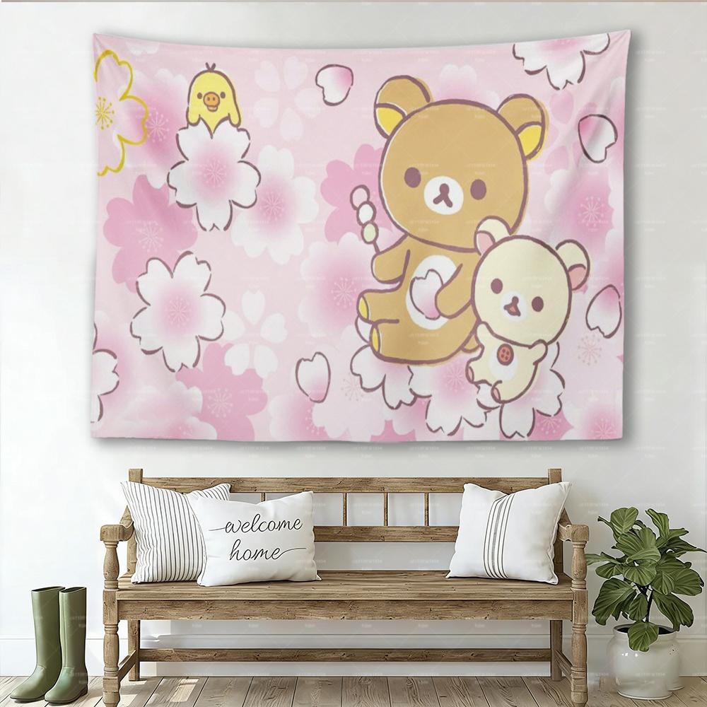 Kawaii Cherry Blossom Bear Floral Wall Tapestry Cute Aesthetic Dorm Wall Hanging