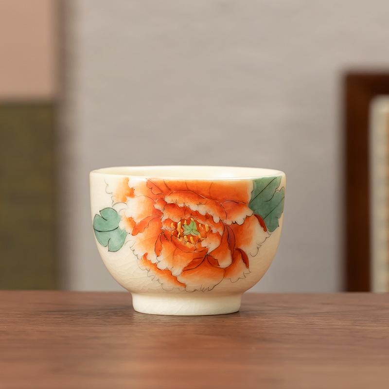 

130ml Hand-painted Peony Flower Teacup Antique Tea Bowl Cup For Tea Tea-tasting Meditation Cup Jianzhan Master Cups Tea Services As Your Choose