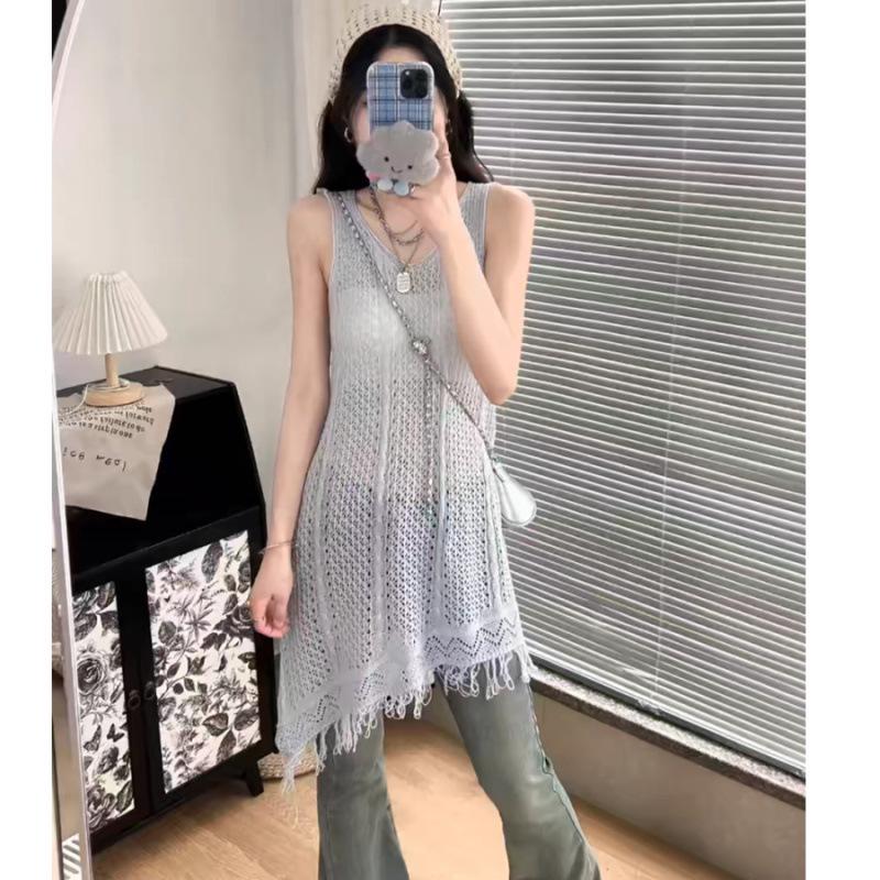 

Women s Summer V-neck Knit Vest Cardigan: Versatile Tassel Long Top One Size синій