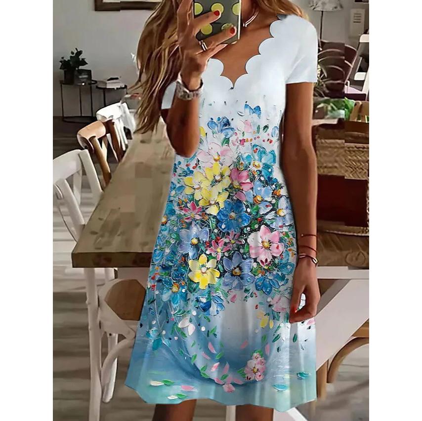 

Женское летнее платье с V-образным вырезом, коротким рукавом, А-силуэта, свободное, с цветочным принтом, бохо, миди 2XL светло-синий