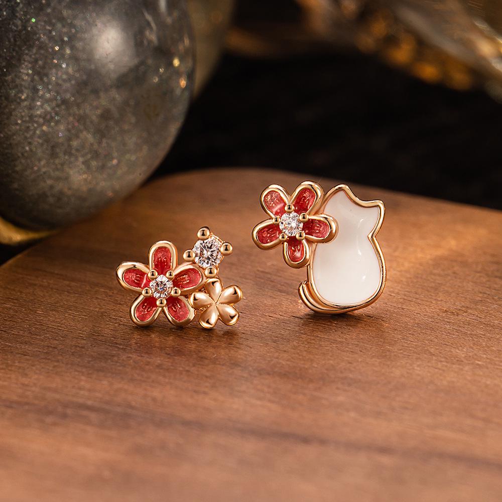 Adorable Asymmetrical Floral Cat Ear Studs – Personalized Gift for Girls, Birthday Cat Earrings
