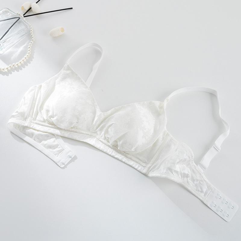 Silk elastic satin V-neck jacquard underwear, mulberry silk ultra-thin rimless side-closed breast bra M