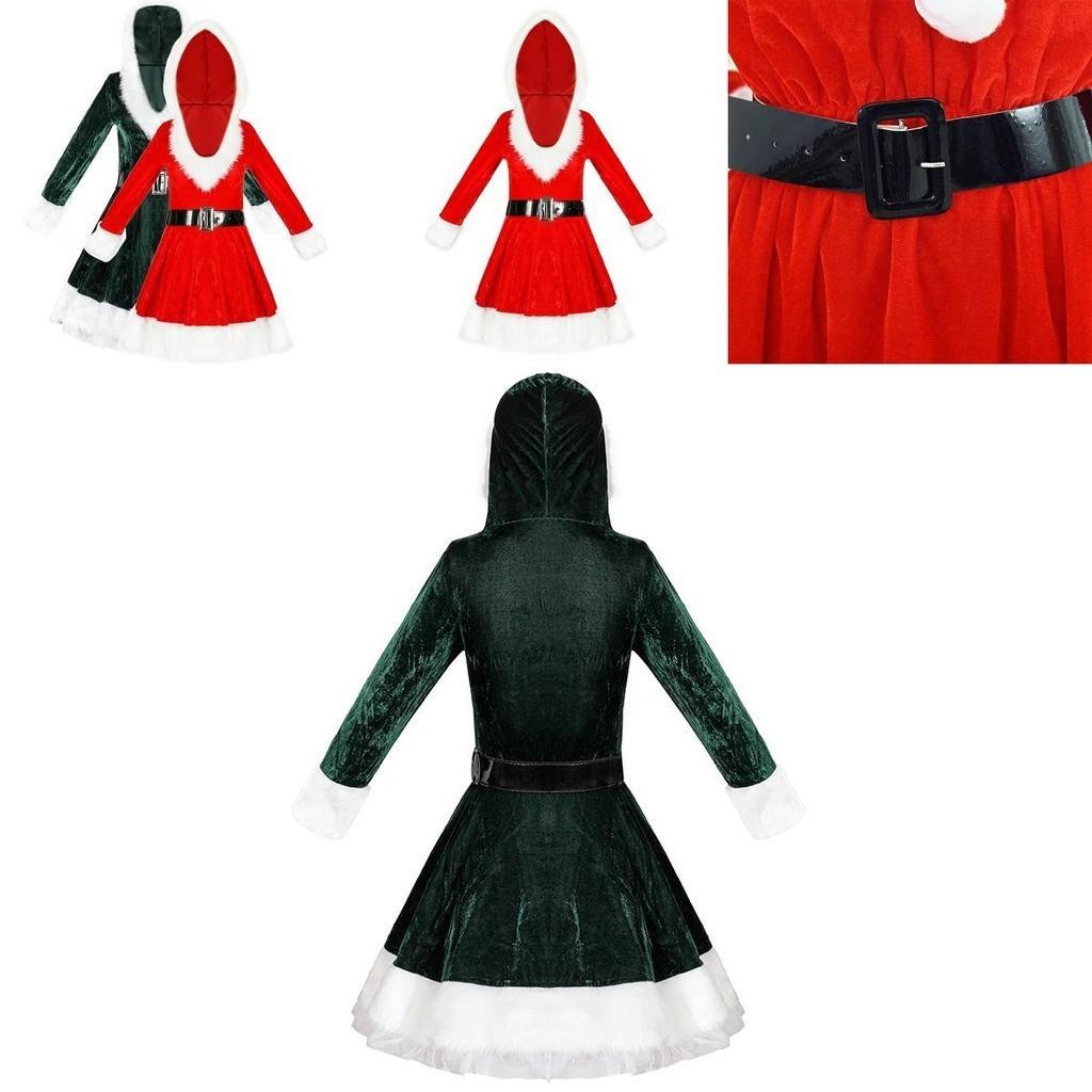 Festive Women's Girls Santa Claus Christmas Costume With Soft Velvet And Faux Fur Trim