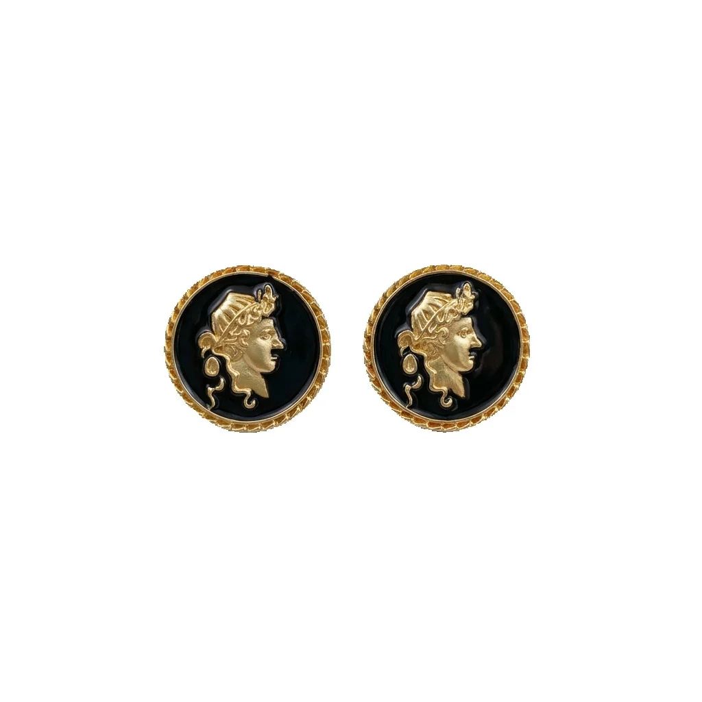 Vintage Gold Coin Stud Earrings for Women - Black Enamel Roman Cameo Medallion Portrait Statement Jewelry Gift