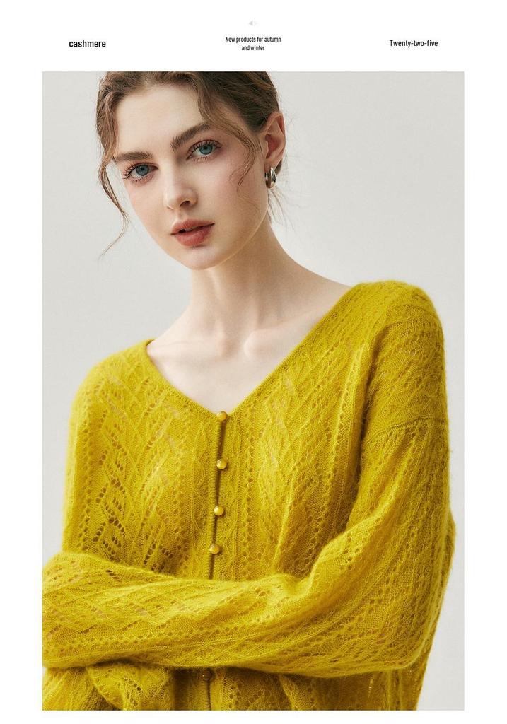 Women's Cashmere Silk V-Neck Hollow Out Cardigan Sweater Cover-Up