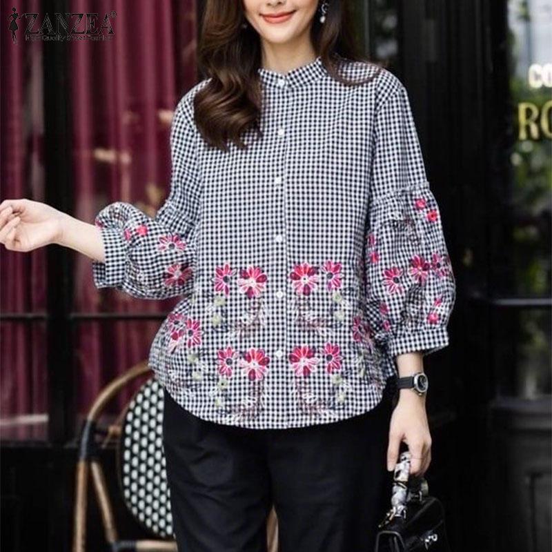 ZANZEA Women Casual Stand Neck Loose Plaid Print 3/4 Sleeve Blouse