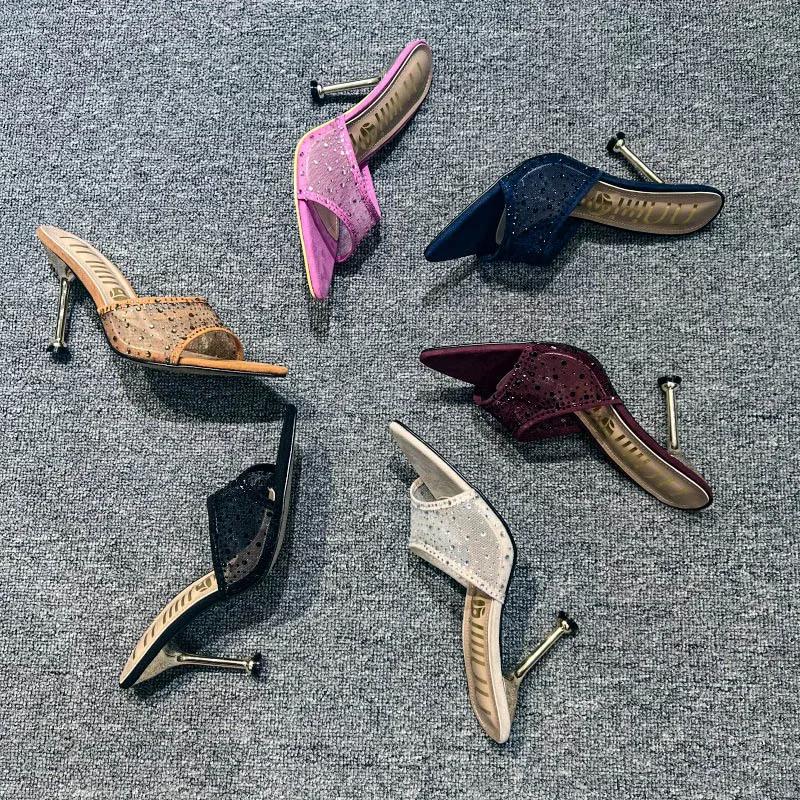 Sommer Damen Hausschuhe Sexy Spitz Strass Mesh Damen High Heel Hausschuhe Weibliche Party Hochzeit Brautschuhe