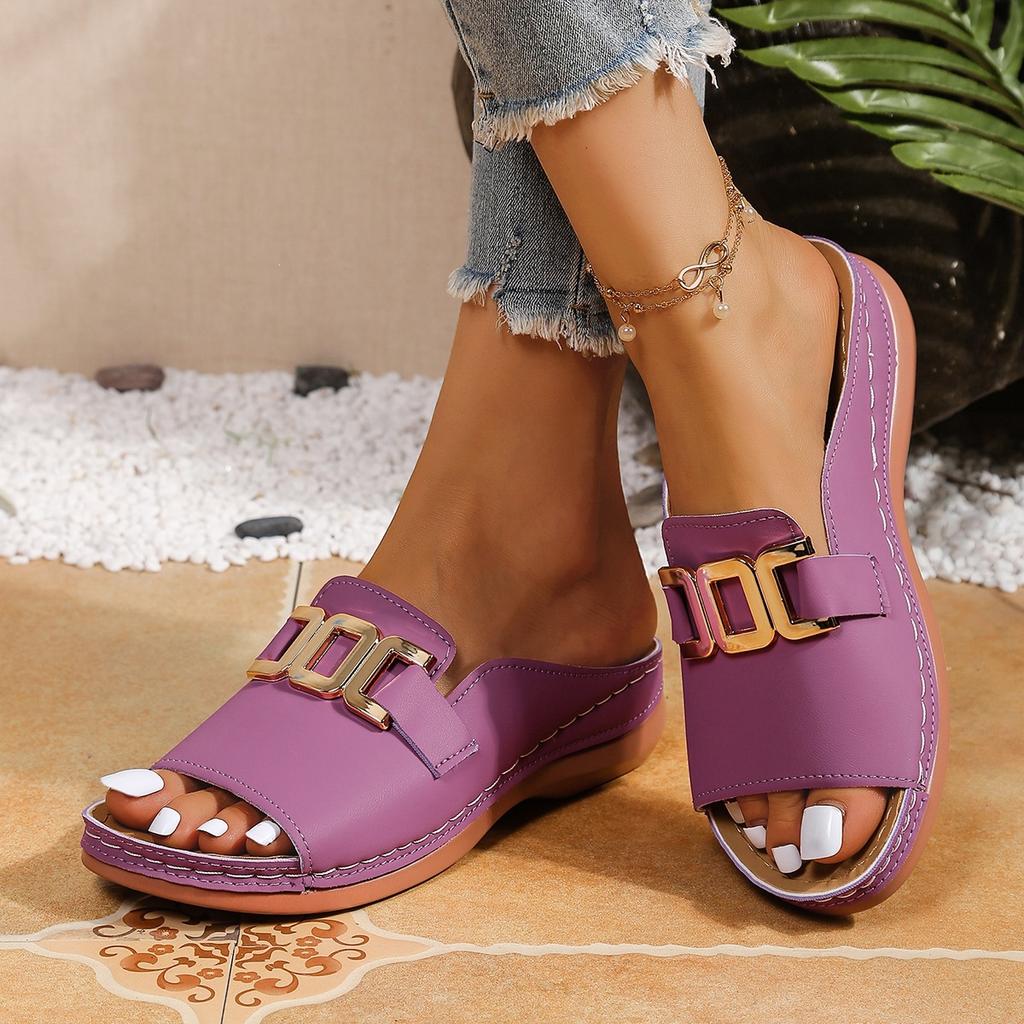 Women's Plus Size Wedge Thick Sole Slippers, Summer New European Style Buckle Open Toe Casual Beach Slides