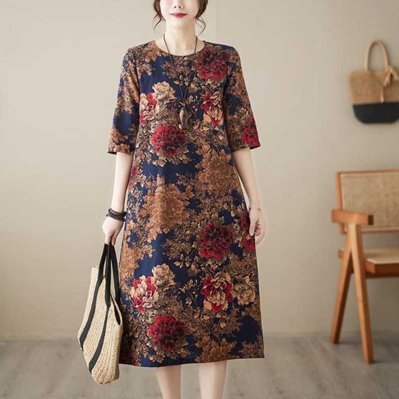 Dress for Woman Oversized Long Sleeve Ethnic Print Fitted Waist Vintage Casual Printed Long Loose Lace Dresses