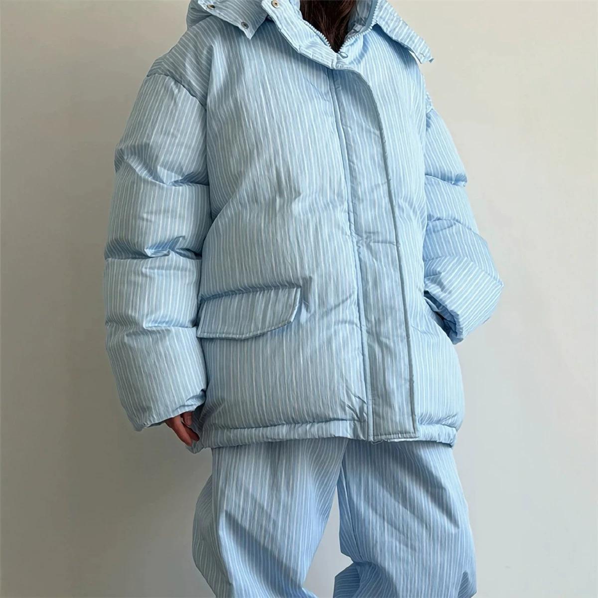 Women Loose Drawstring Striped Warm Thick
