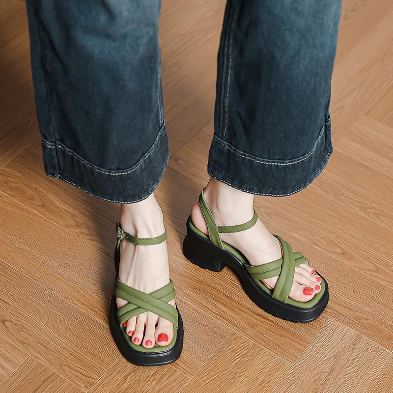 Soft and not tired feet, ultra-light thick sole 6cm height increase and whitening, summer cross with thick heel square head Roman sandals women