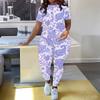 Women Plus Size Brown Printed Two Piece Set Round Neck Short Sleeve Top Long Pants