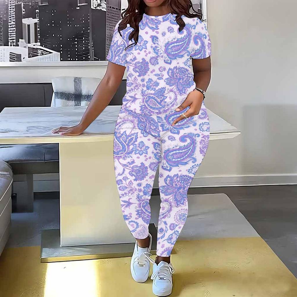 Women Plus Size Brown Printed Two Piece Set Round Neck Short Sleeve Top Long Pants