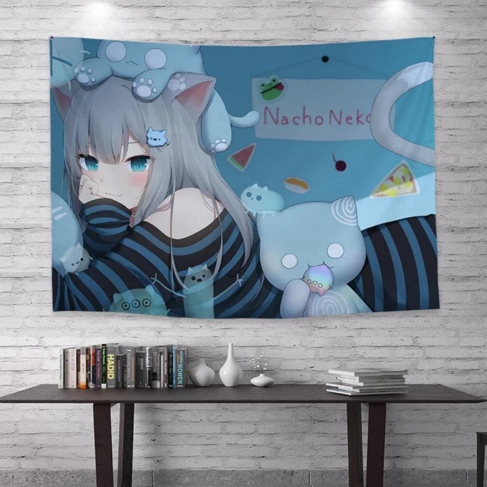Kawaii Anime Girl Peeking Tapestry Light Blue Wall Hanging with Cute Chibi Cat Ideal for Pastel Otaku Bedroom Decor
