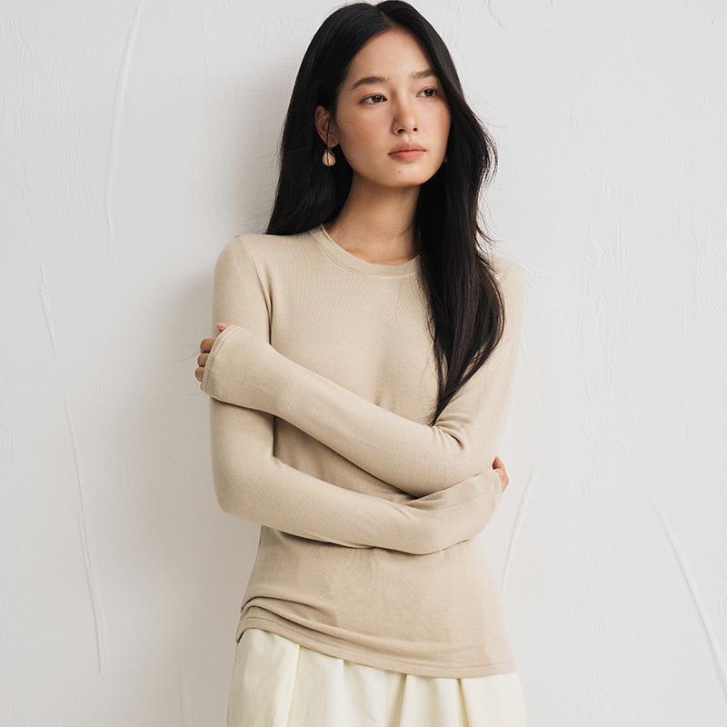 Tencel Woll-Unterhemd Damen Herbst und Winter neu Rundhals-Oberteil schlicht einfarbig warm lange Ärmel