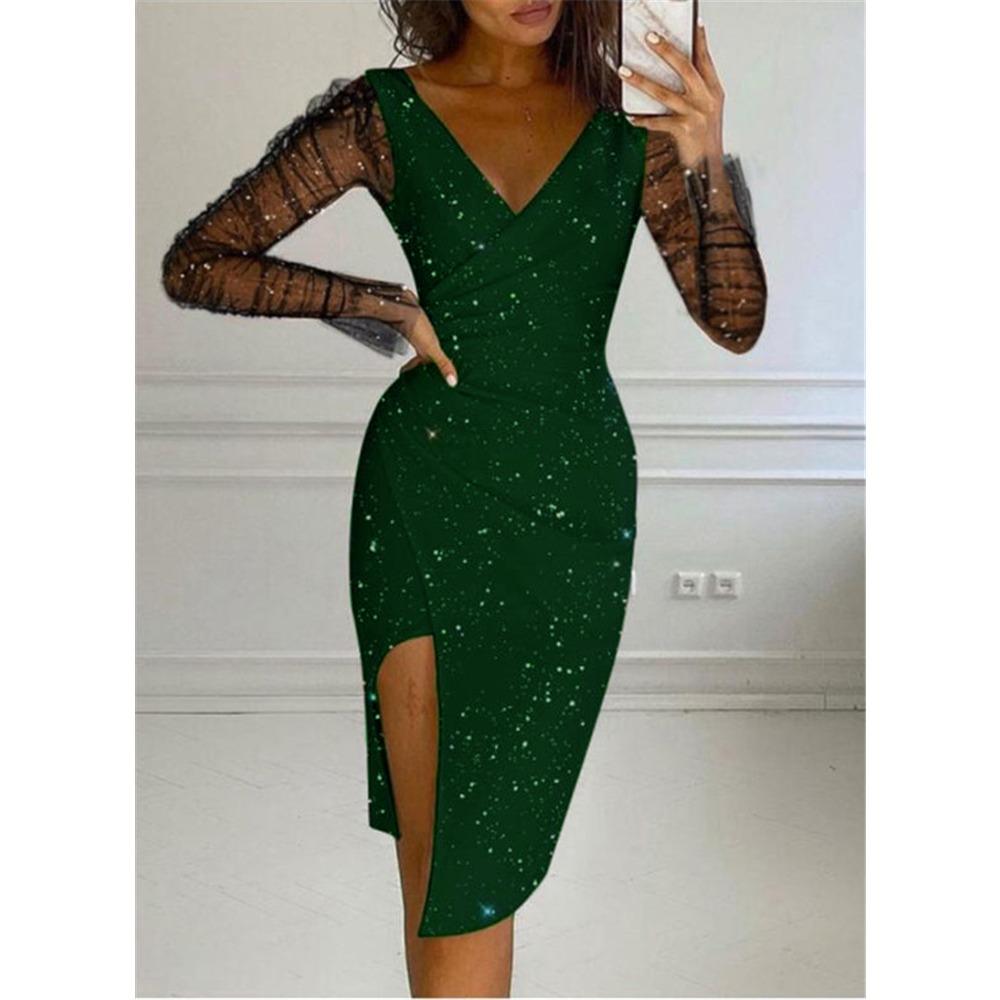 Women's V Neck Mesh Long Sleeve Glitter Bodycon Midi Dress Sexy High Slit Evening Party Cocktail Dresses