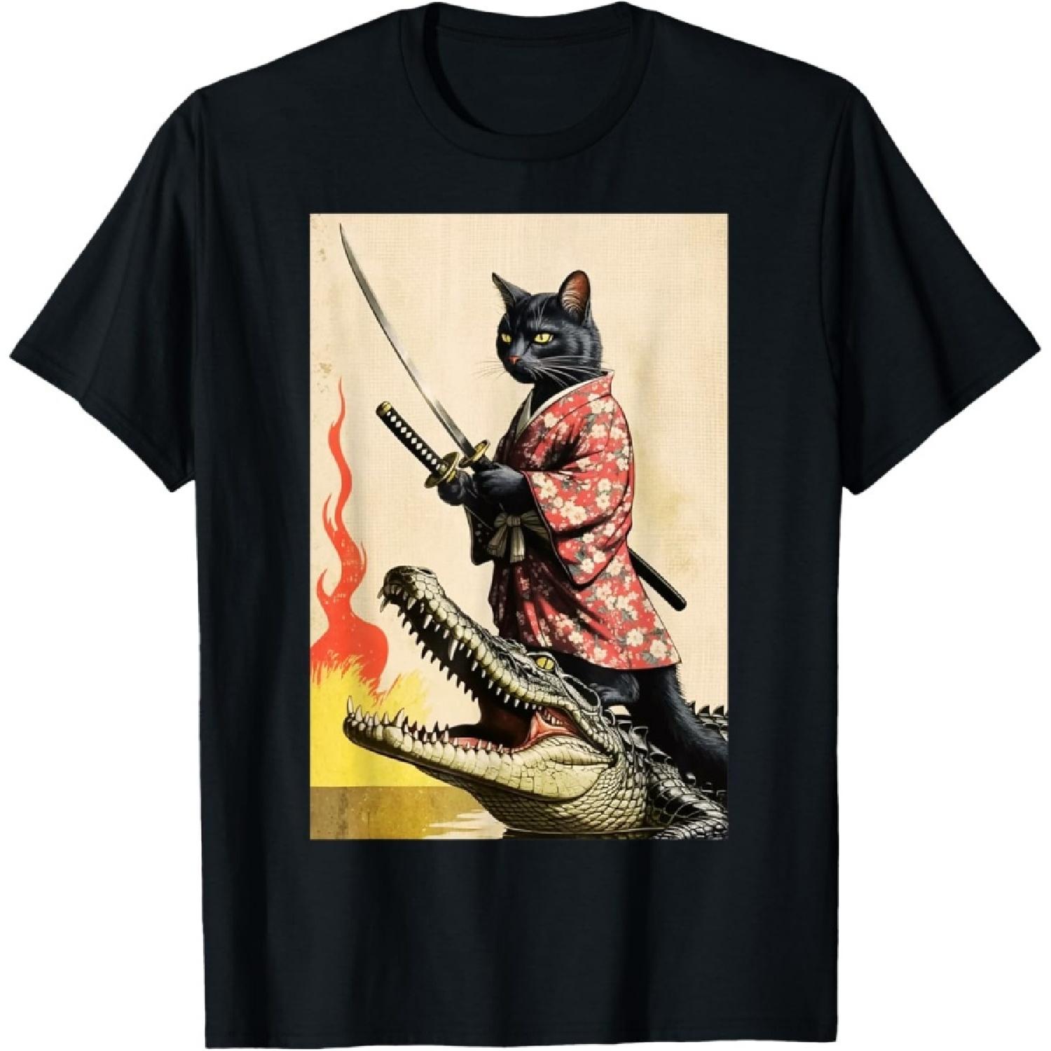 Funny Samurai Cat Japanese Riding Crocodile Kawaii Alligator T-Shirt(1) S