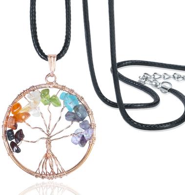 [Crocon] 7 Chakra Tree of Life Pendant Natural Healing Crystal Quartz Pendant Necklace Round Shape Copper Wire Wrap Amulet Necklace 7 Chakra Gemstone