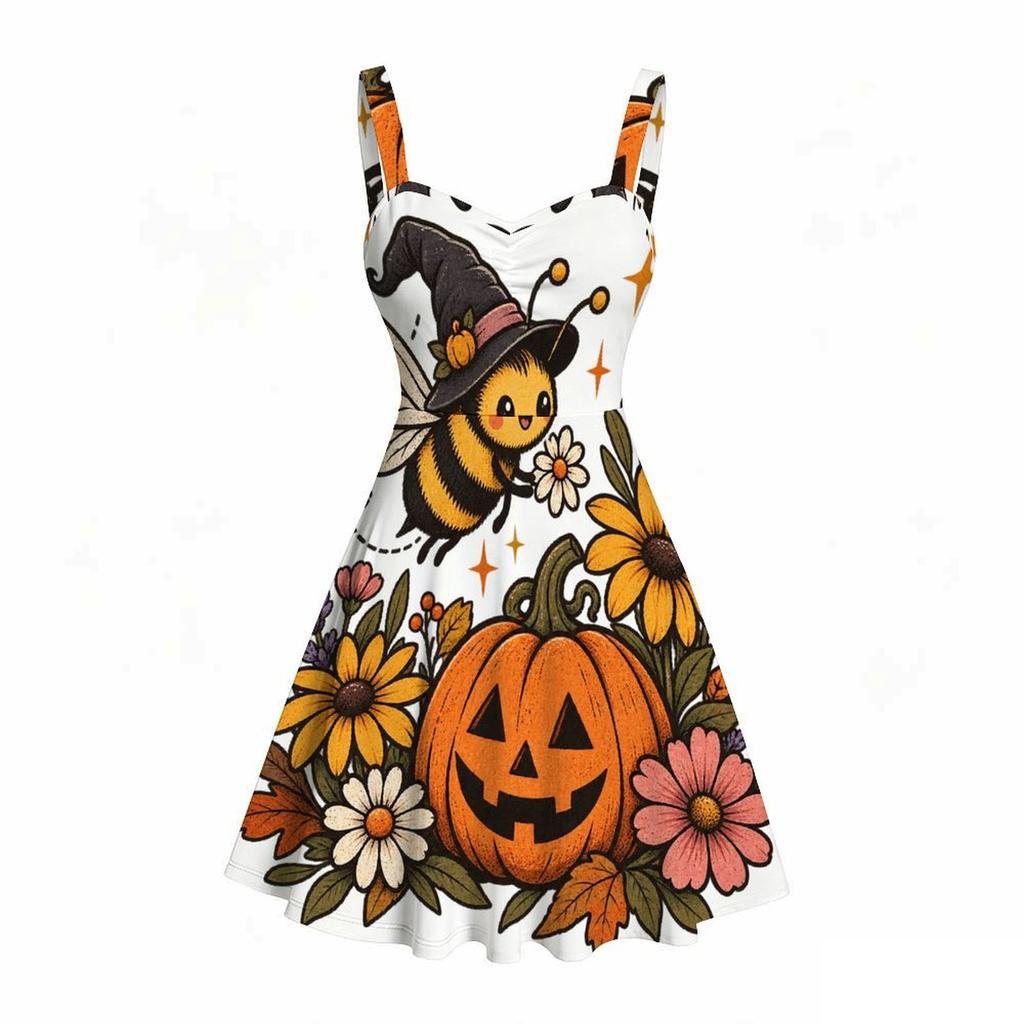 Women Plus Size Off Shoulder Strappy Sleeveless Fitted Waist Ghost Pumpkin Print Flared Dress
