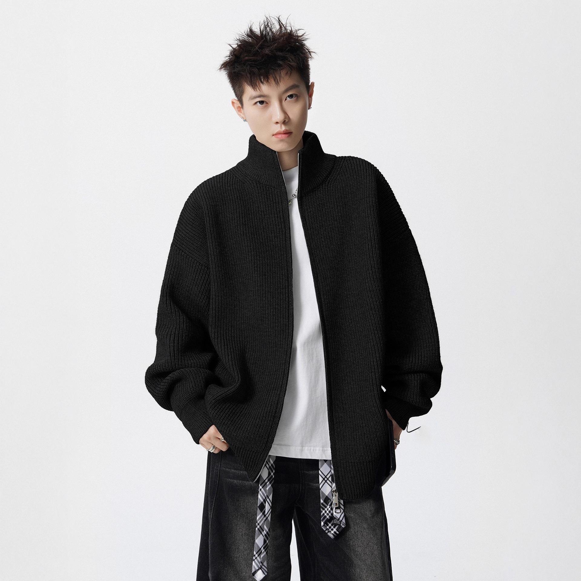 Unisex Heavyweight Knit Sweater Jacket - Trendy Double Zipper Stand Collar for Autumn/Winter 3XL