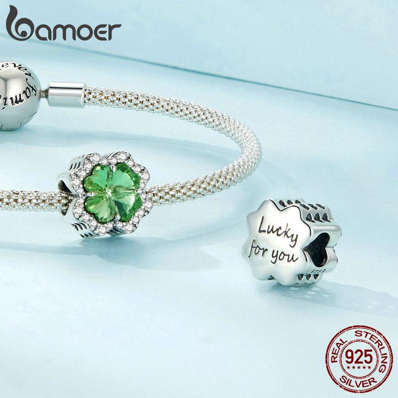 Bamoer 925 Silver Green Transparent Clover Beads The Tree of Life Family Pendant Plant Charms for Women Necklace DIY