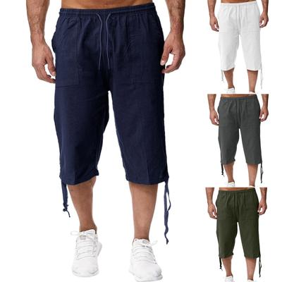 Calças masculinas soltas de algodão e linho praia casual calças esportivas cor sólida sete pontos shorts de algodão e linho