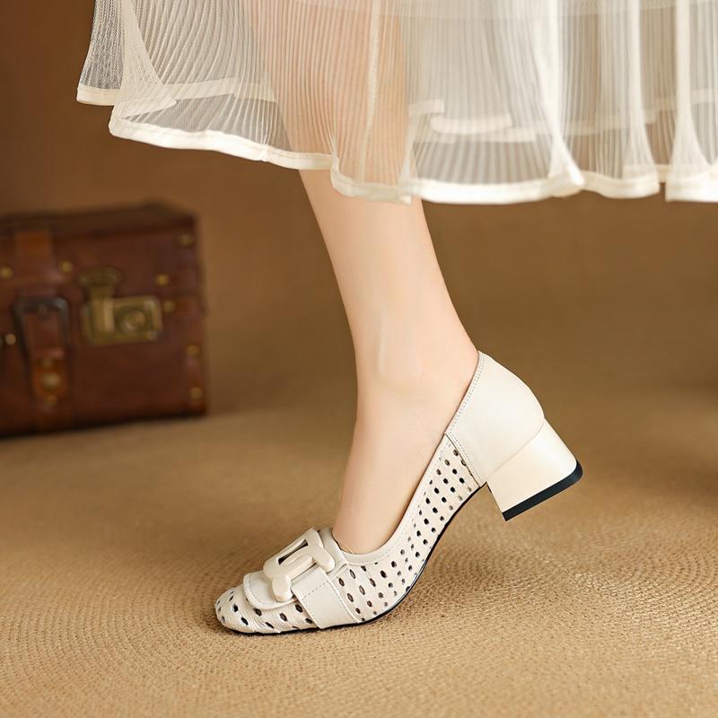 Fashion Women's new genuine leather square toe perforated breathable metal accessories, including follow-up shoes, perforated shoes