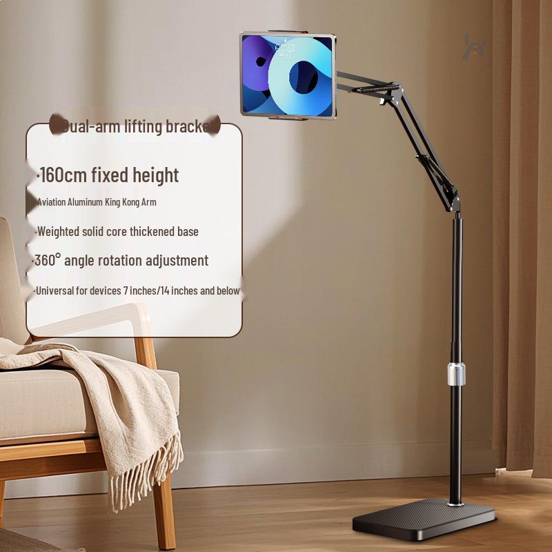 Universal Mobile Device Floor Stand with Telescopic Arm for Binge-Watching and Live Streaming