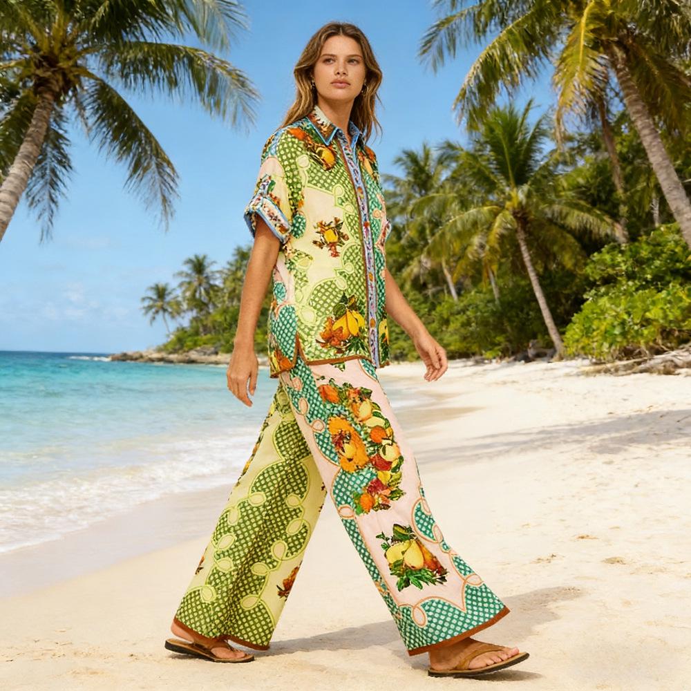 Spring/Summer Light Luxury Printed Cardigan & Casual Two-Piece Set - Women's European & American Style