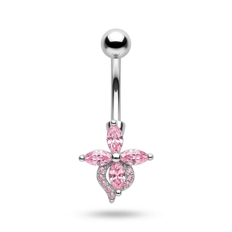 Belly Button Rings Waterproof Butterfly Flower Sparkling Crystal Charm Stainless Steel Navel Barbell for Swimming