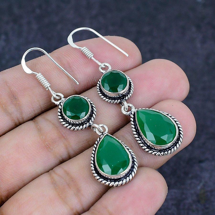 Natural Skota Emerald Gemstone Handmade 925 Sterling Silver Earring 2.17" B6o18