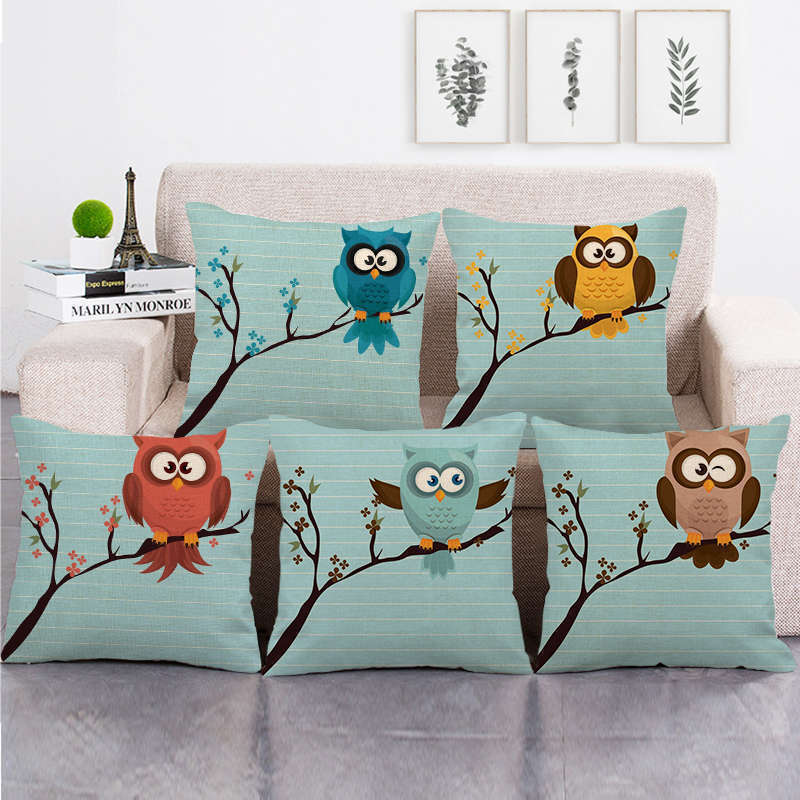 Tinika Chen Unisex Creative Retro Cartoon Branch Owl Series Digital Printing Short Plush Pillow Covers For Car Sofa Office Cushion Cover Home Goods