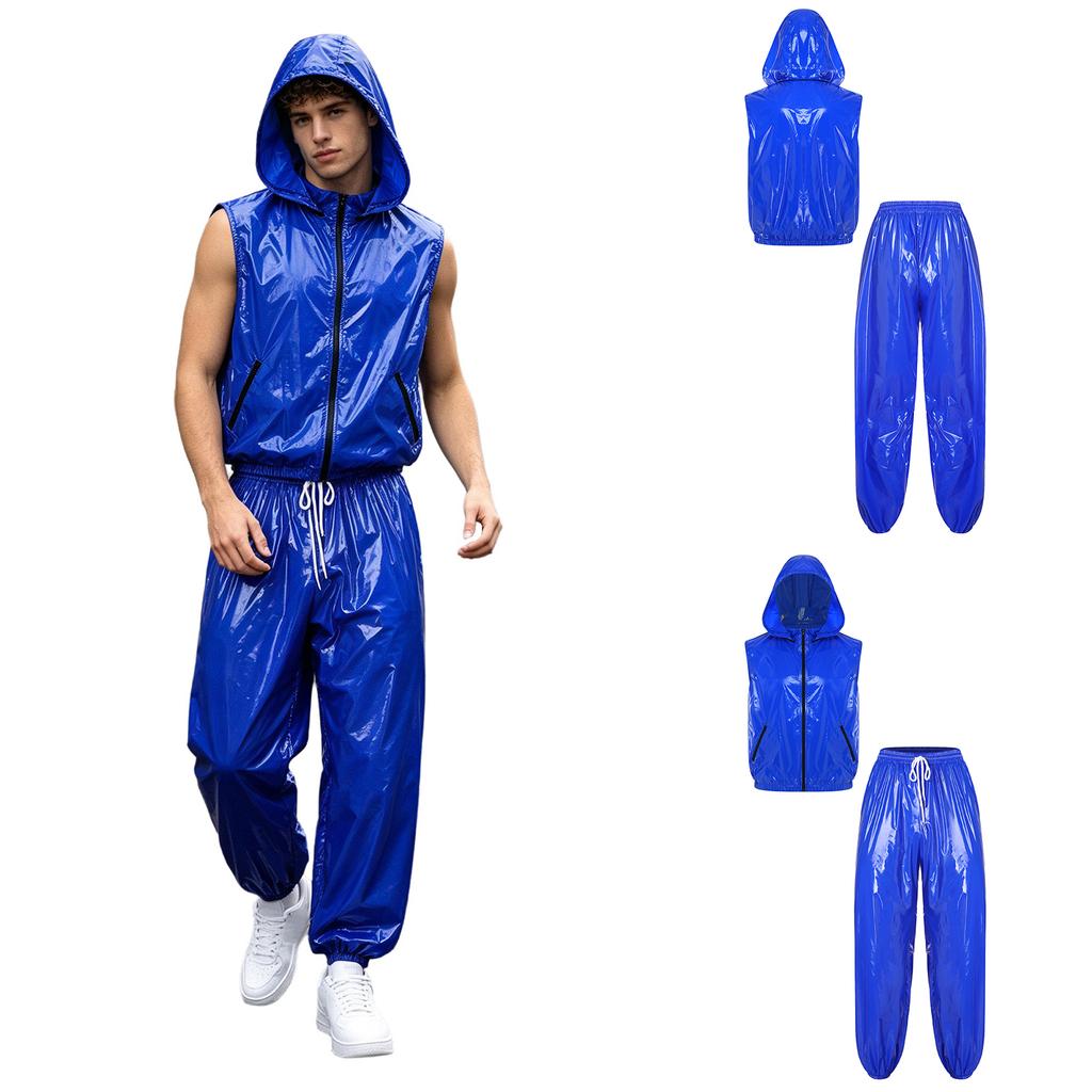 Men Waterproof Sports Tracksuit Front Zipper Sleeveless Vest with Detachable Hood and Jogging Pants for Workout Cycling Running Gym