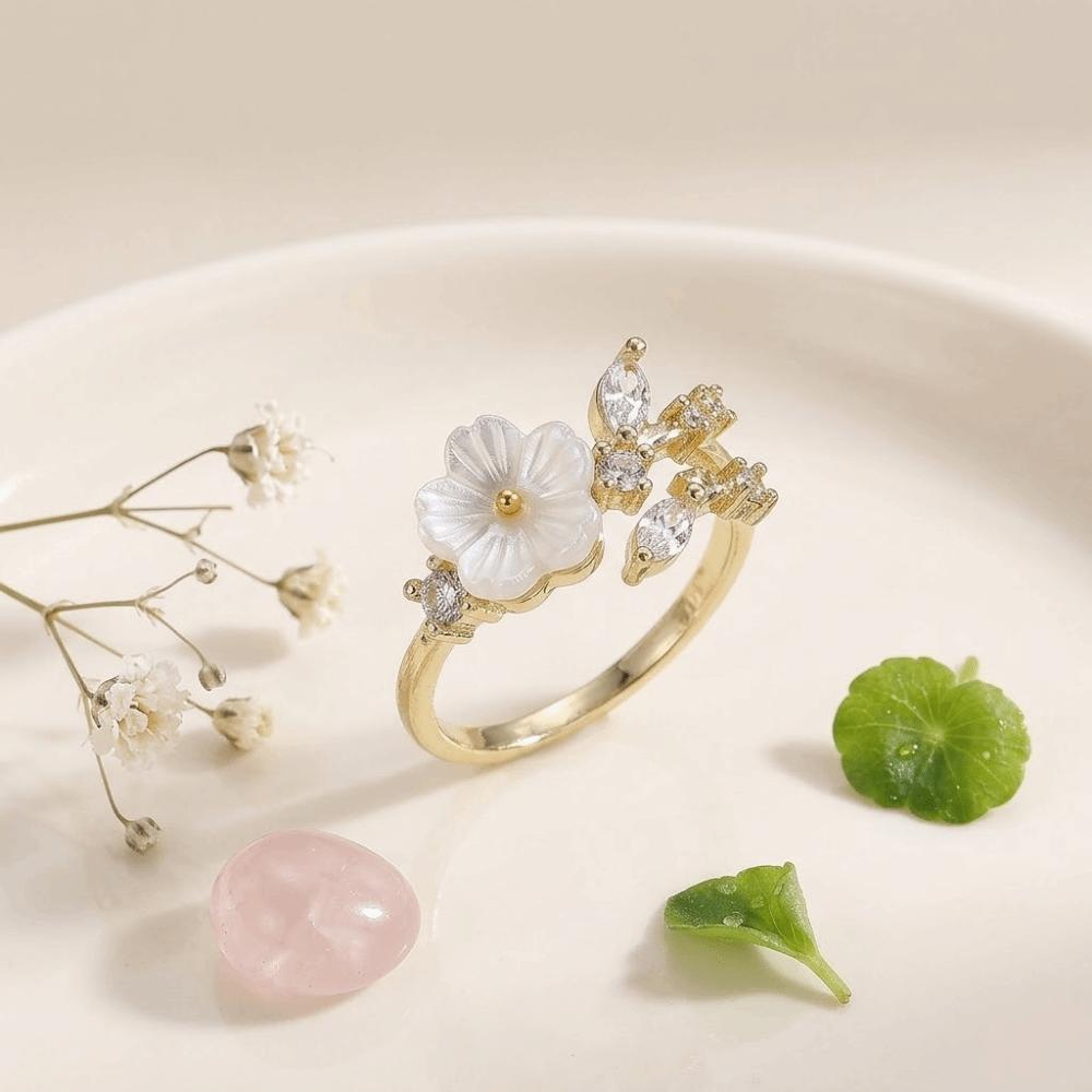 Adjustable Flower Crystal Ring Leaf Design Finger Jewelry Delicate Flower Opening Ring  Anniversary