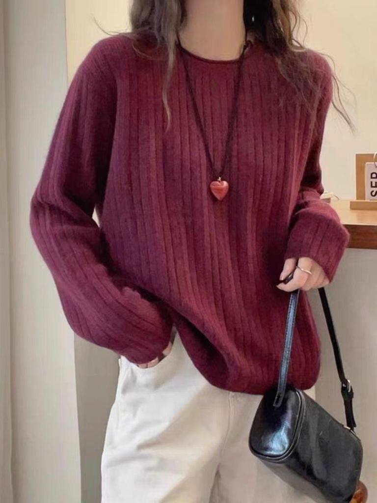 Autumn/Winter Women's Pure Wool Round Neck Ribbed Sweater - European Style, Versatile, Loose Fit Knitwear