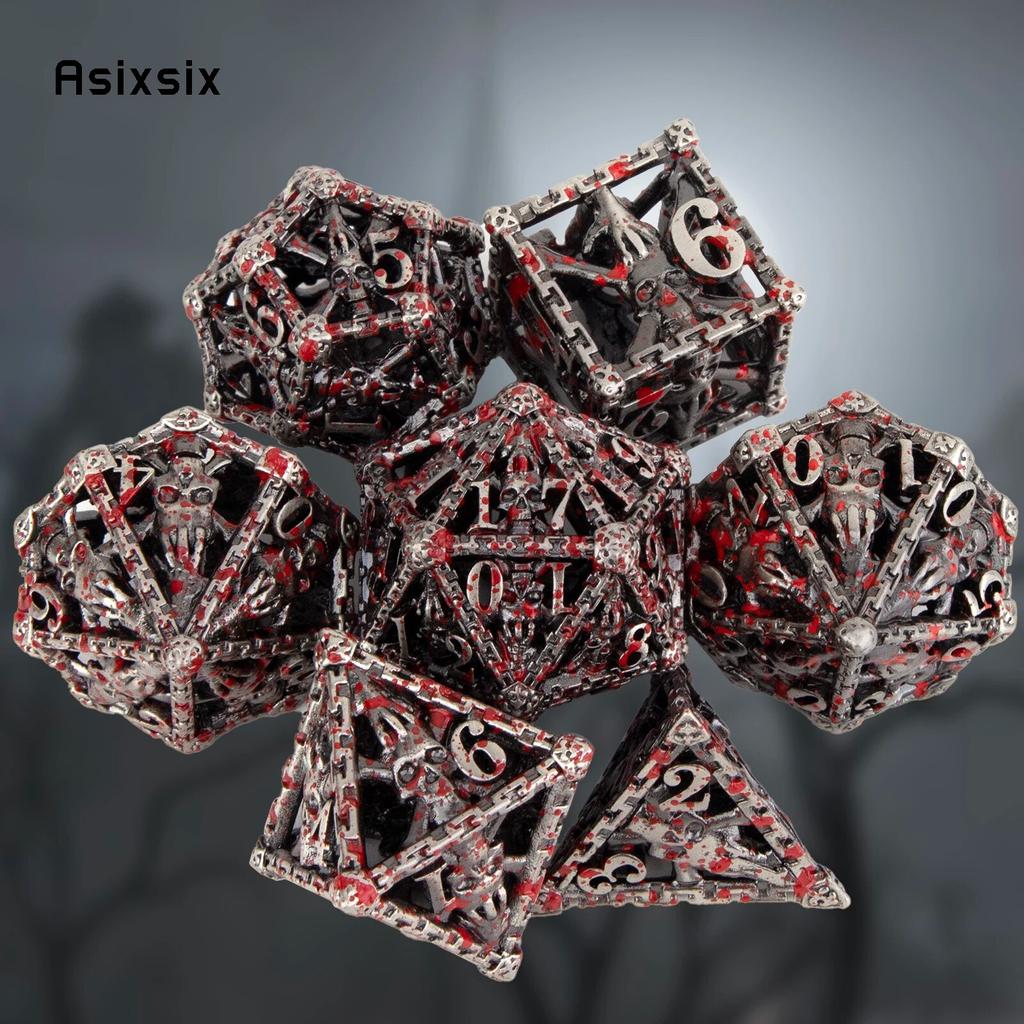 7-teiliges Würfelset aus Metall mit silberner roter Hand und Totenkopfkopf, hohles polyedrisches Würfelset aus Metall, geeignet für Rollenspiele, RPG-Brettspiele, Kartenspiele
