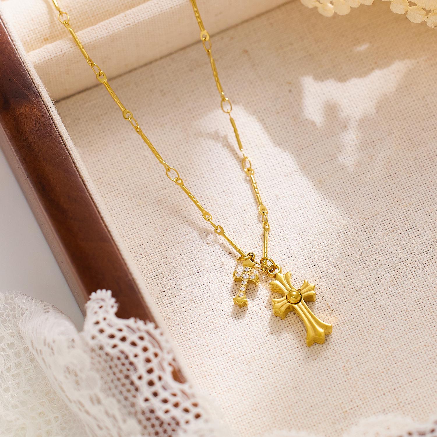 Elegant Titanium Steel Rhinestone Cross Pendant Necklace