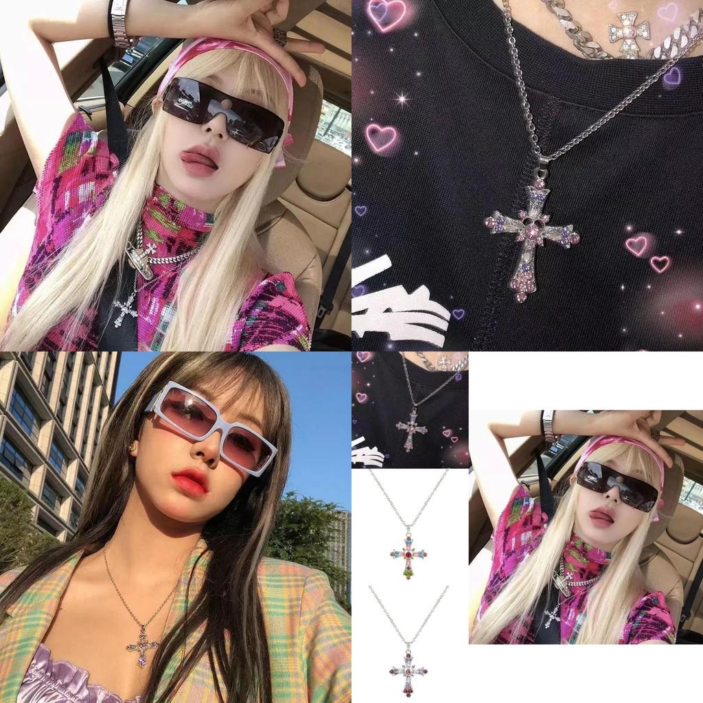 Stunning Winter Geometric Cross Pendant Necklace With Rhinestones For Women