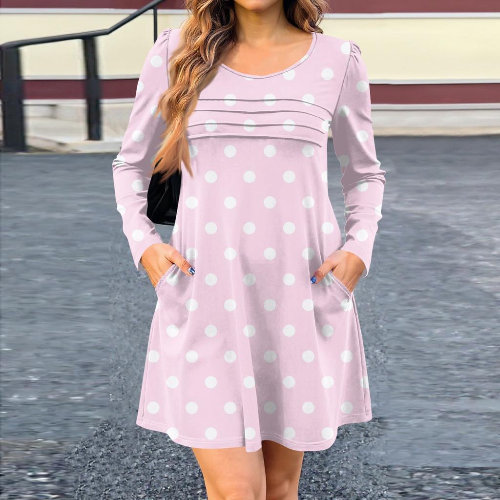Women's Long Sleeve Dress Fall Casual T Shirt Loose Fit Pleated Front Dresses With Pockets