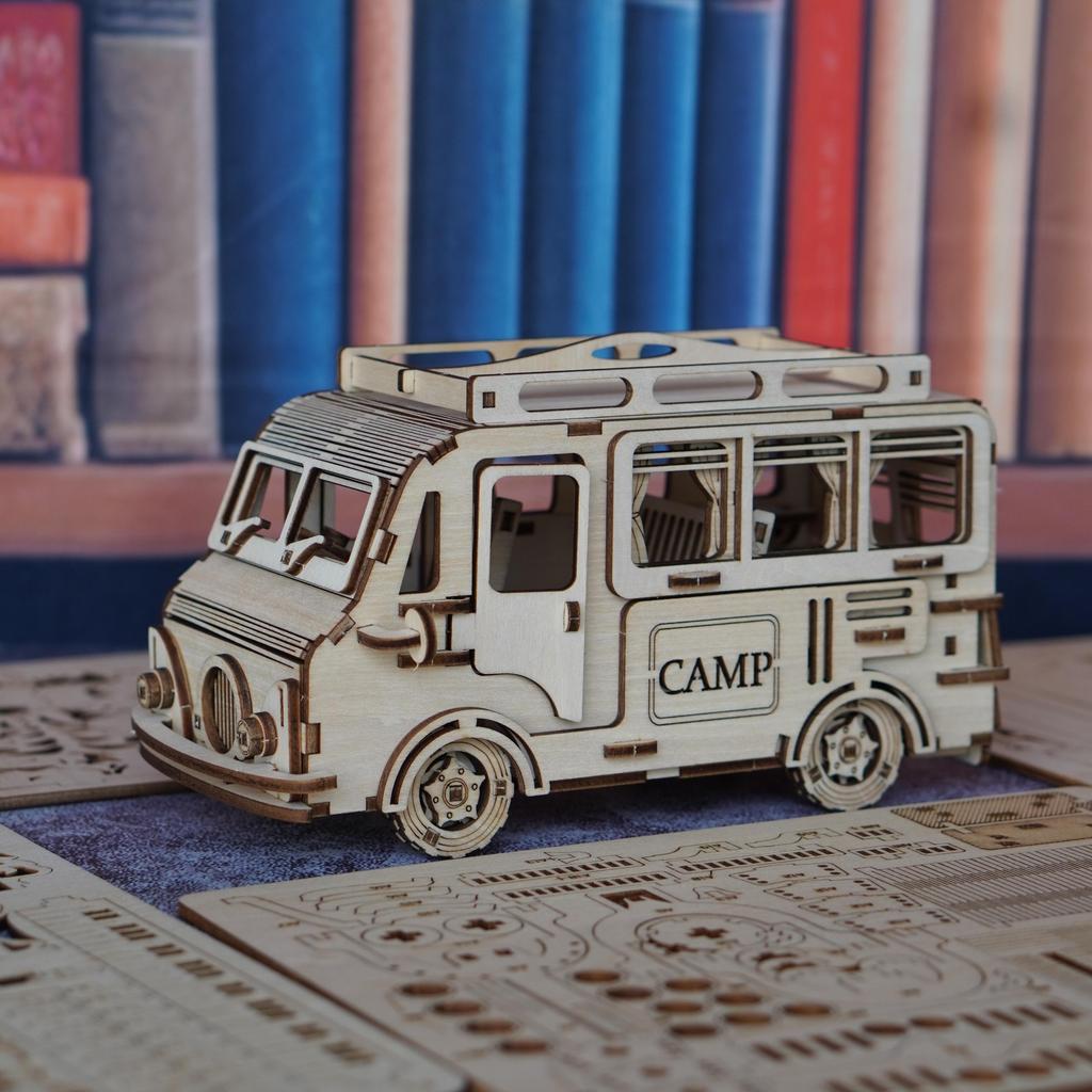 3D puzzle toy wooden camping car model, travel style RV model, suitable for interactive and creative DIY toy gifts with family